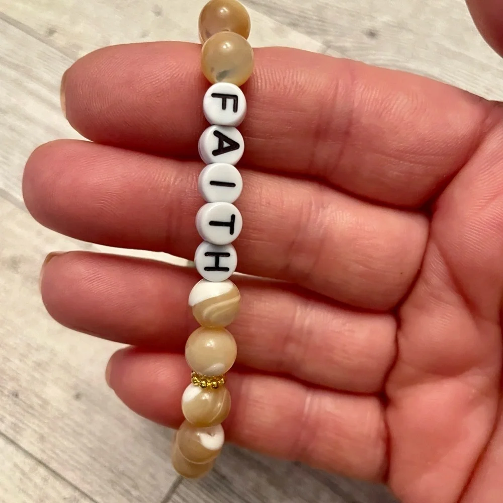 Faith Letter Bracelet Polished Mother of Pearl tan & white, stretch, gold